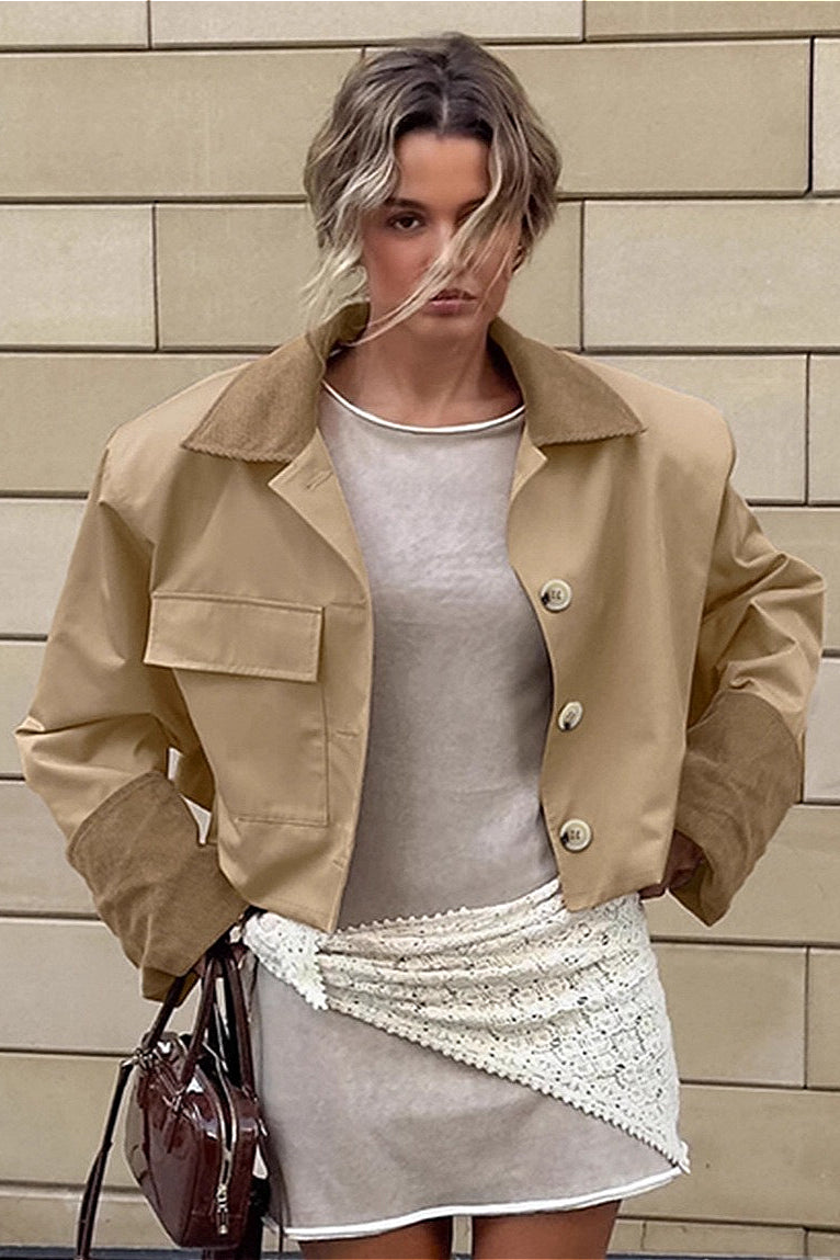 Retro Color Block Collared Utility Cropped Casual Jacket
