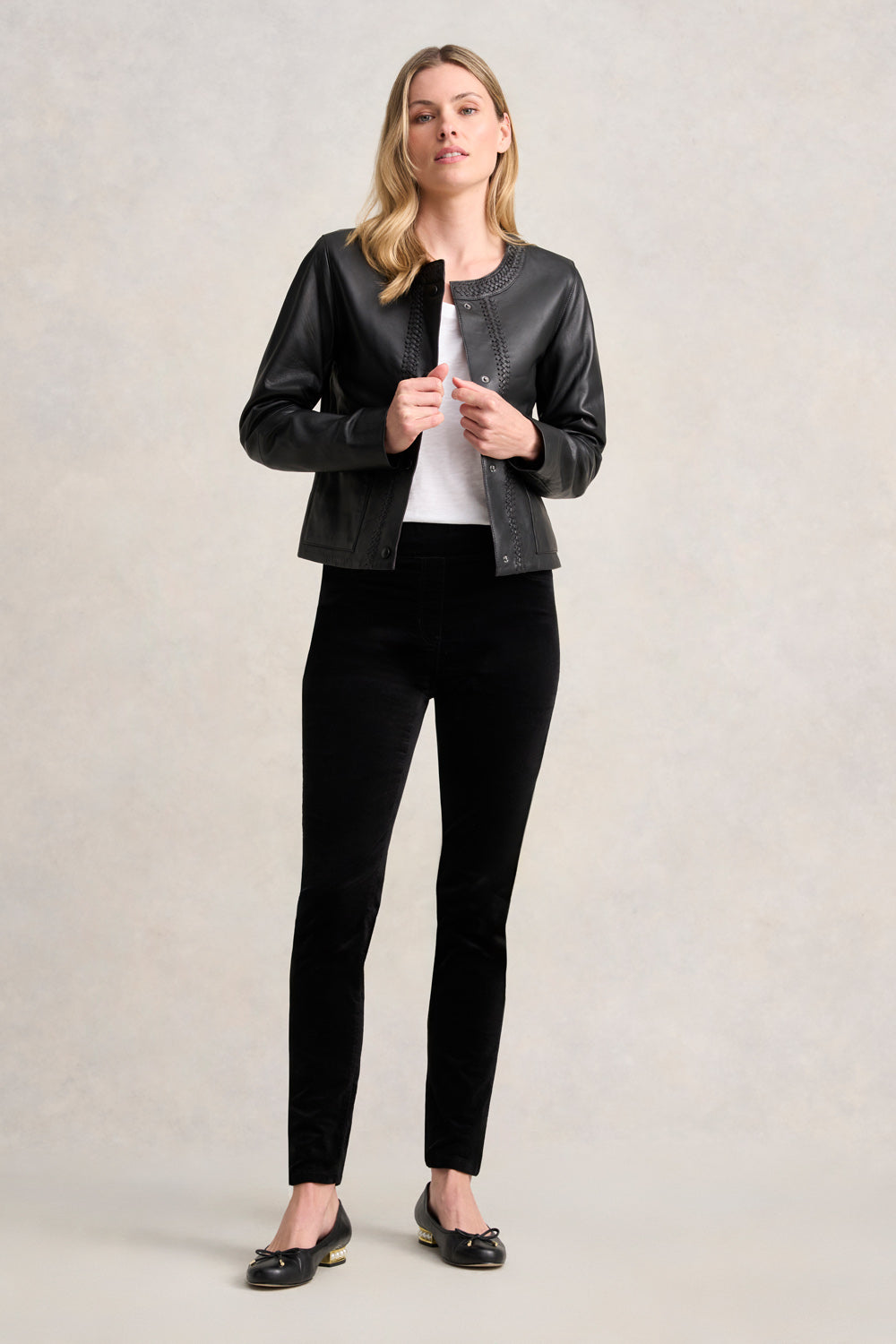 Braid Detail Leather Jacket - Black