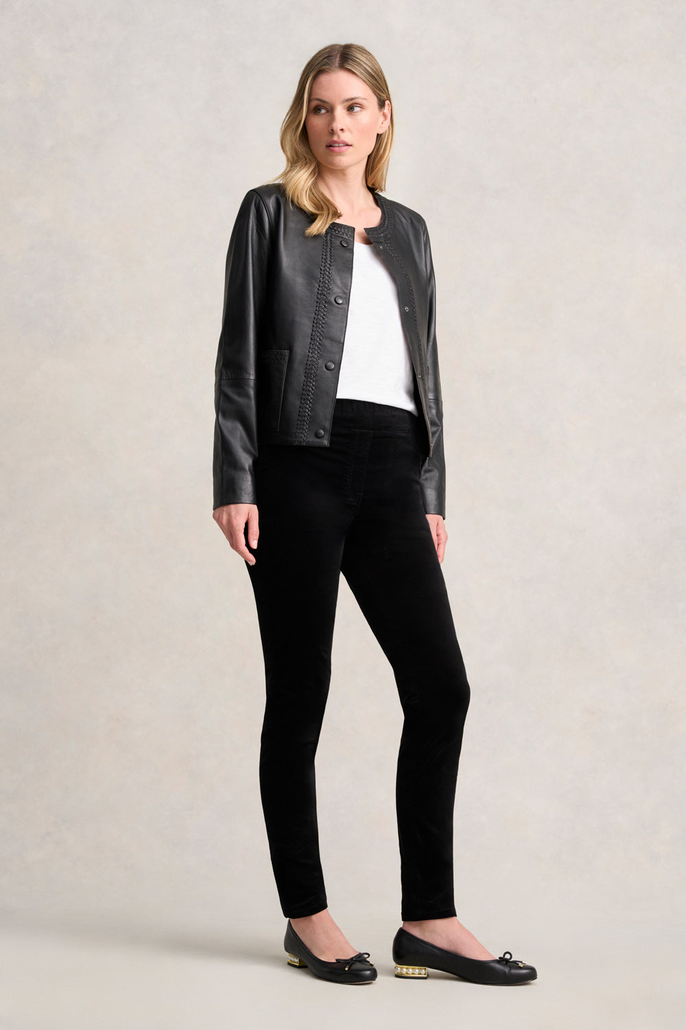 Braid Detail Leather Jacket - Black