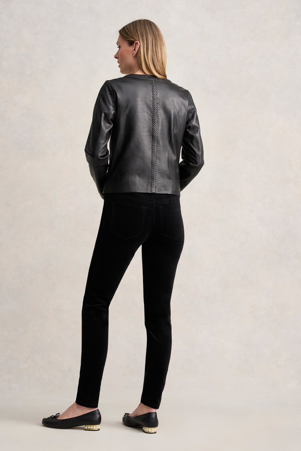 Braid Detail Leather Jacket - Black