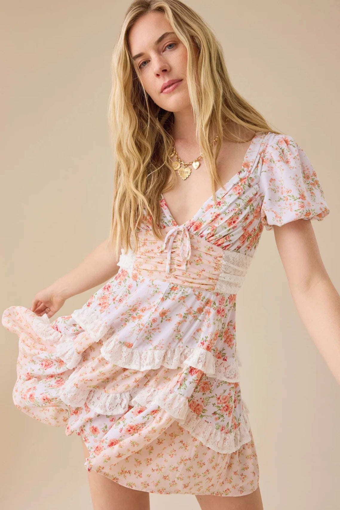 Floral Lace Patchwork V Neck Puff Short Sleeve Mini Dress
