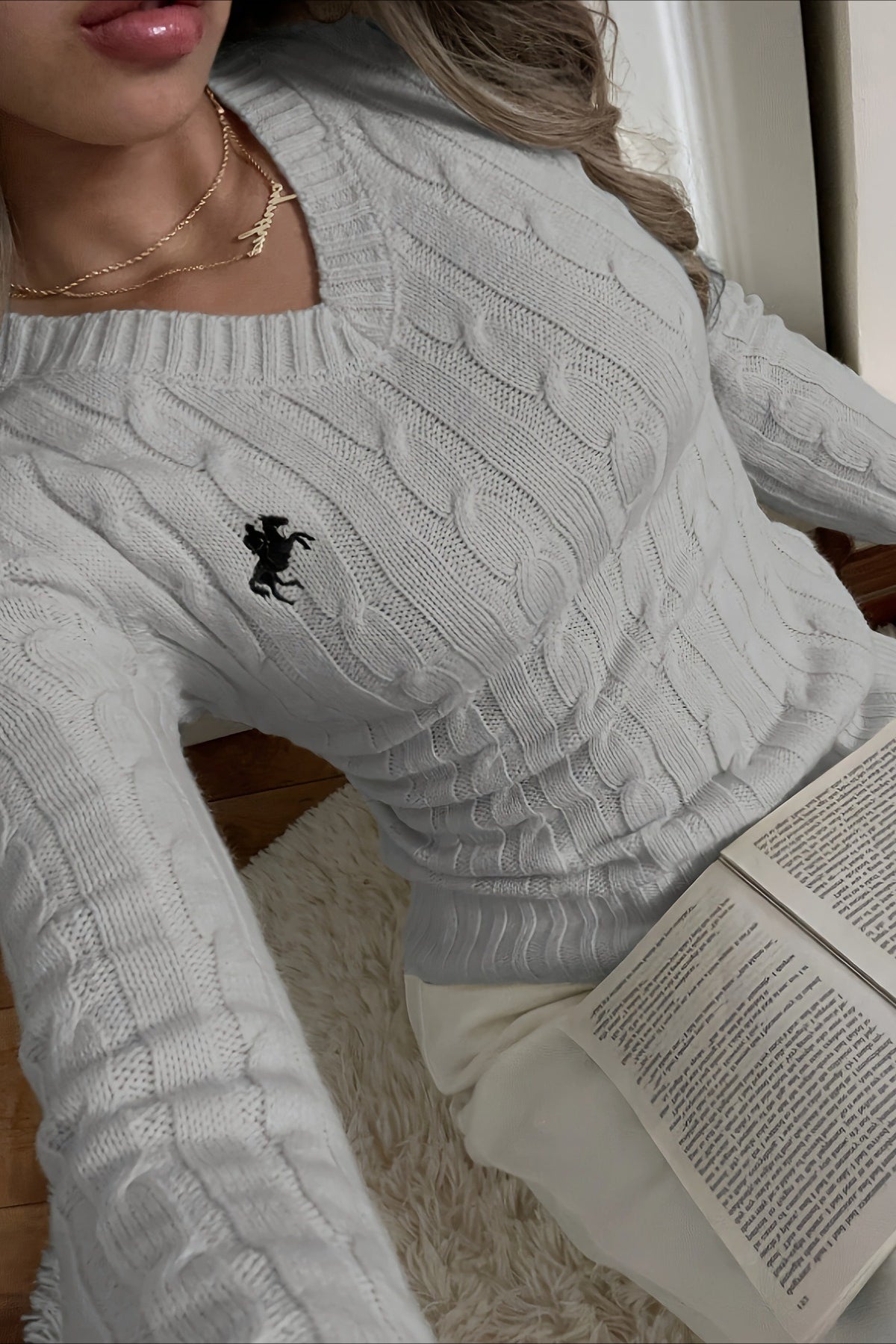 Embroidered V-Neck Sweater Knit Top