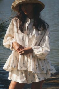 Puff Sleeve High Neck Ruffle Floral Two Piece Set
